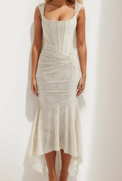 Floral Pattern Asymmetrical Hem Ruched Mermaid Sleeveless Midi Dress