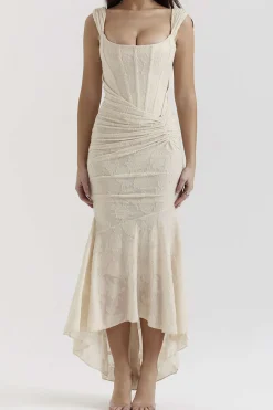 Floral Pattern Asymmetrical Hem Ruched Mermaid Sleeveless Midi Dress