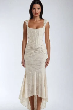 Floral Pattern Asymmetrical Hem Ruched Mermaid Sleeveless Midi Dress