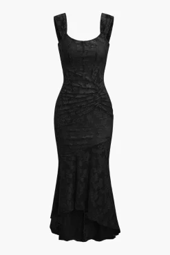 Floral Pattern Asymmetrical Hem Ruched Mermaid Sleeveless Midi Dress