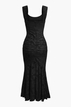 Floral Pattern Asymmetrical Hem Ruched Mermaid Sleeveless Midi Dress