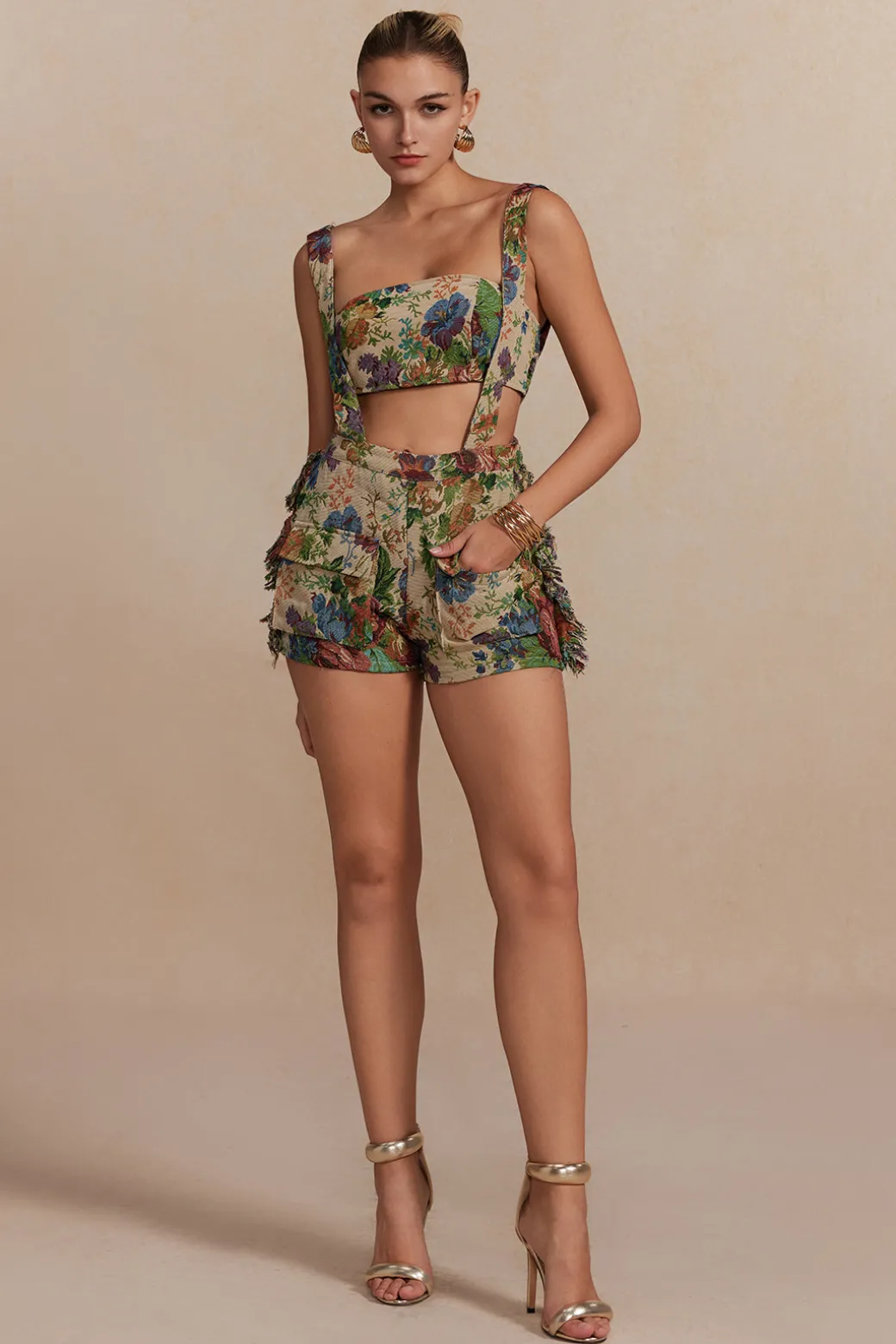 Floral Pattern Fringe Tube Top And Pocket Shorts Set