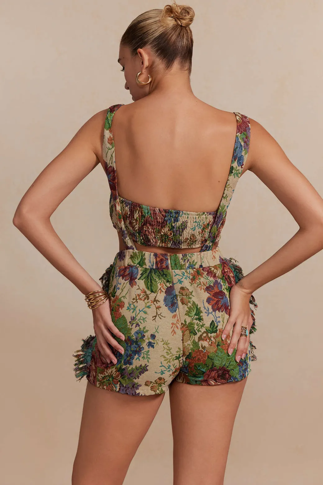 Floral Pattern Fringe Tube Top And Pocket Shorts Set