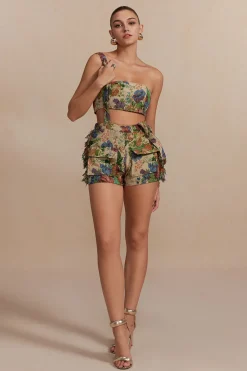 Floral Pattern Fringe Tube Top And Pocket Shorts Set