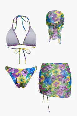 Floral Print Bikini Set With Matching Skirt Cover Up And Headscarf