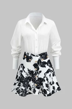 Floral Print Buttoned Long-Sleeve Shirt And Skirt Set