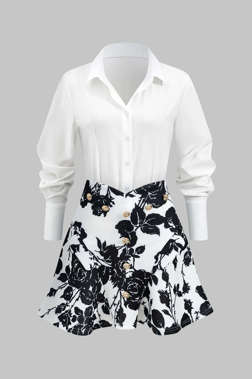 Floral Print Buttoned Long-Sleeve Shirt And Skirt Set