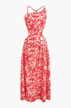Floral Print Criss Cross Backless Slit Midi Dress
