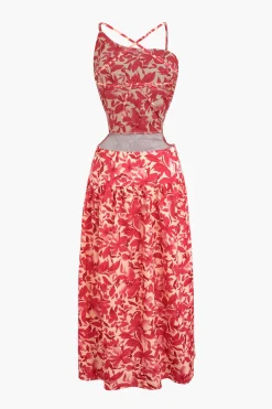 Floral Print Criss Cross Backless Slit Midi Dress