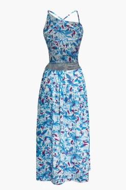 Floral Print Criss Cross Backless Slit Midi Dress