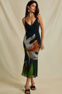 Floral Print Crisscross Back Mesh Slip Midi Dress