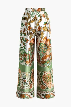Floral Print Drawstring Slit Wide Leg Pants