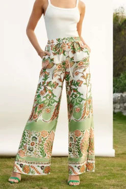 Floral Print Drawstring Slit Wide Leg Pants