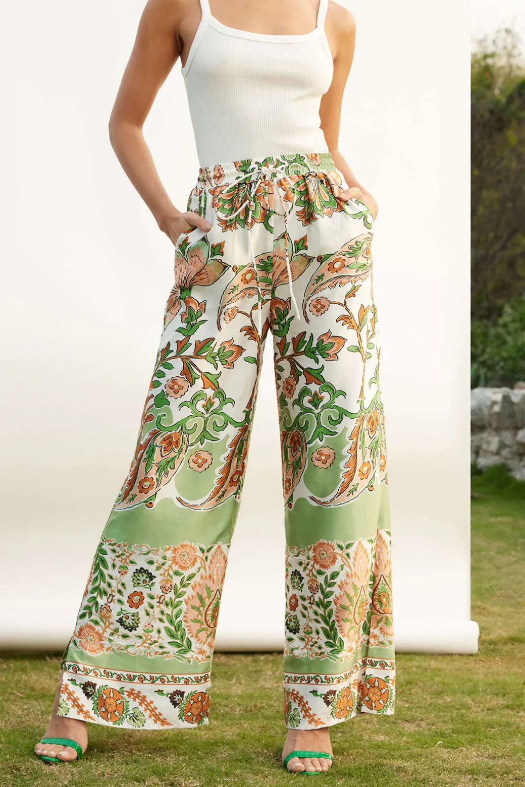 Floral Print Drawstring Slit Wide Leg Pants
