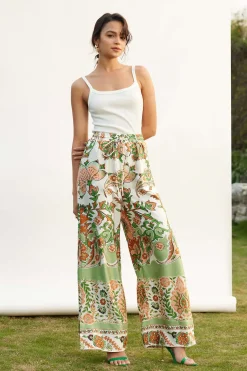 Floral Print Drawstring Slit Wide Leg Pants