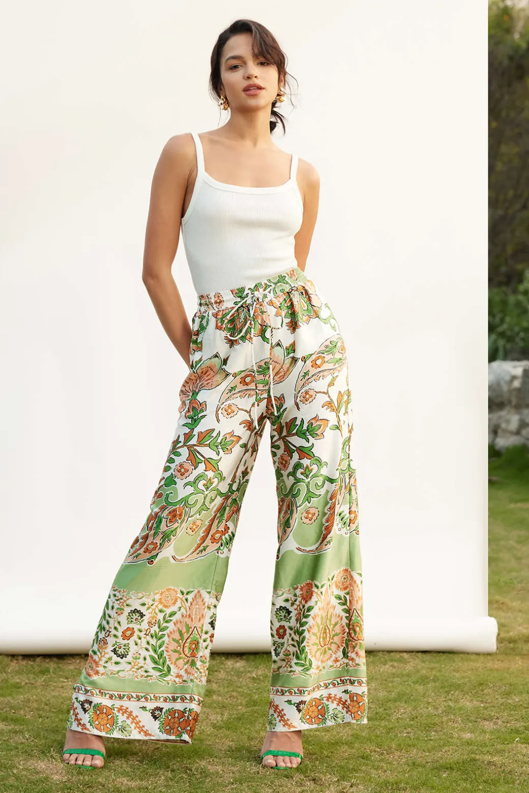 Floral Print Drawstring Slit Wide Leg Pants