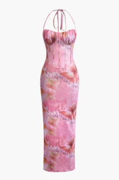 Floral Print Halter Slit Corset Midi Dress