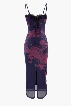 Floral Print Lace Trim Slit Maxi Dress