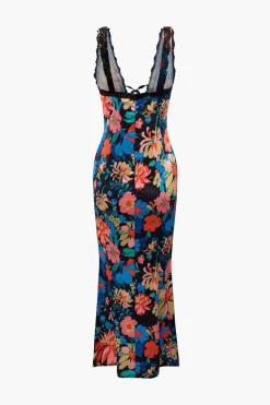 Floral Print Lace Trim V-neck Maxi Dress