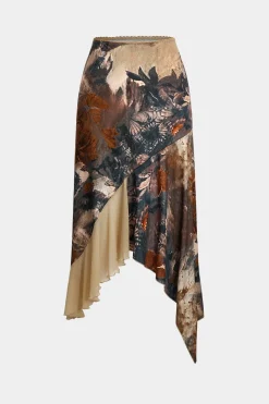 Floral Print Mesh Patchwork Asymmetric Hem Skirt