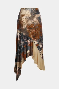 Floral Print Mesh Patchwork Asymmetric Hem Skirt