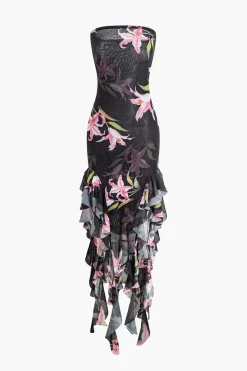 Floral Print Mesh Ruffle Layered Strapless Midi Dress