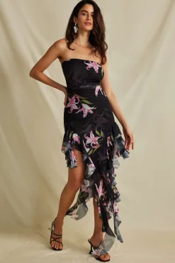 Floral Print Mesh Ruffle Layered Strapless Midi Dress