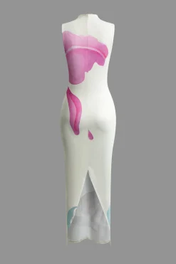 Floral Print Mock Neck Slit Sleeveless Maxi Dress