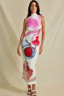 Floral Print Mock Neck Slit Sleeveless Maxi Dress
