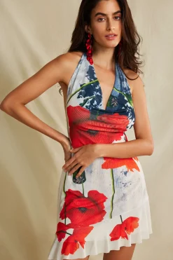 Floral Print Ruffle Backless V-neck Halter Mini Dress