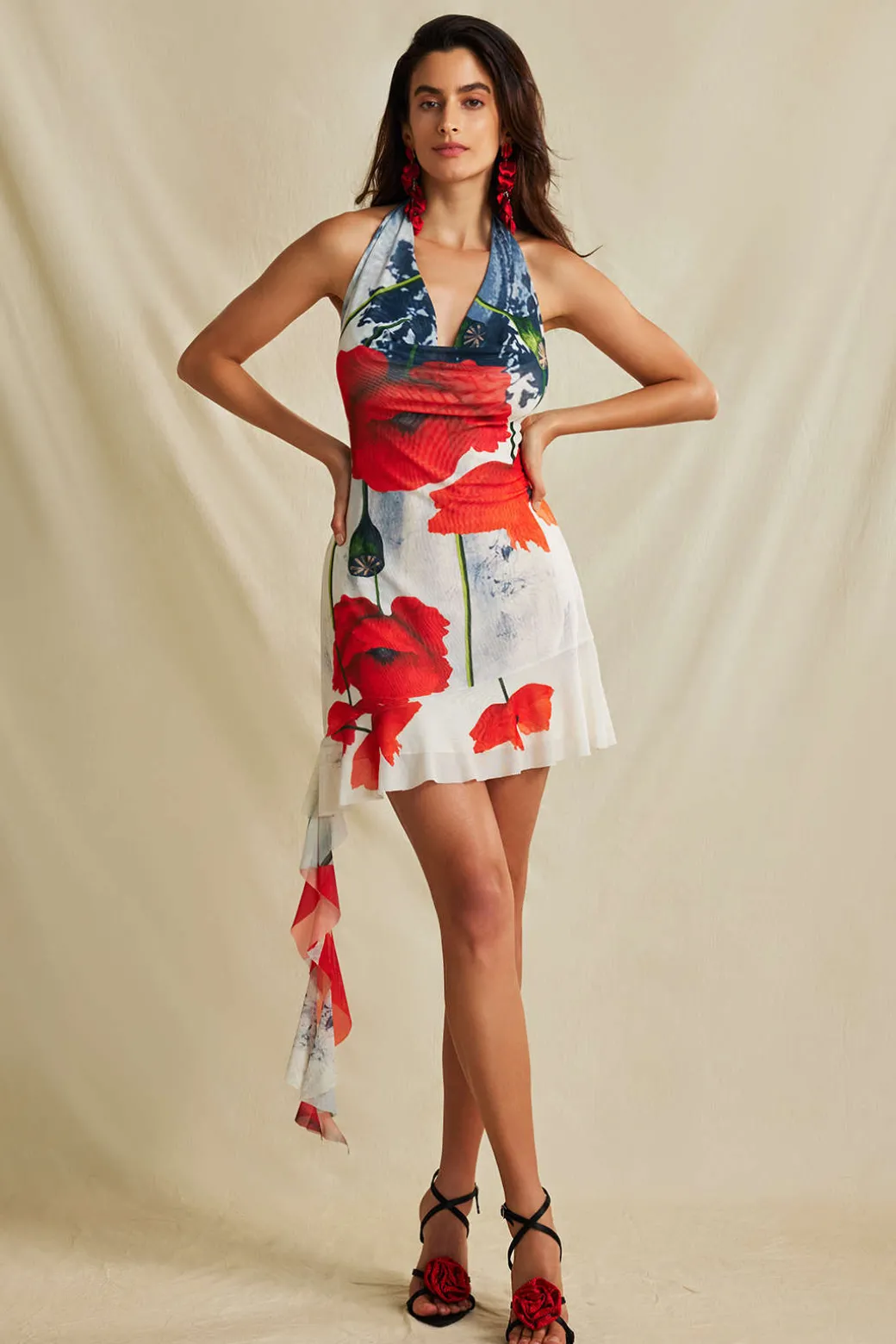 Floral Print Ruffle Backless V-neck Halter Mini Dress