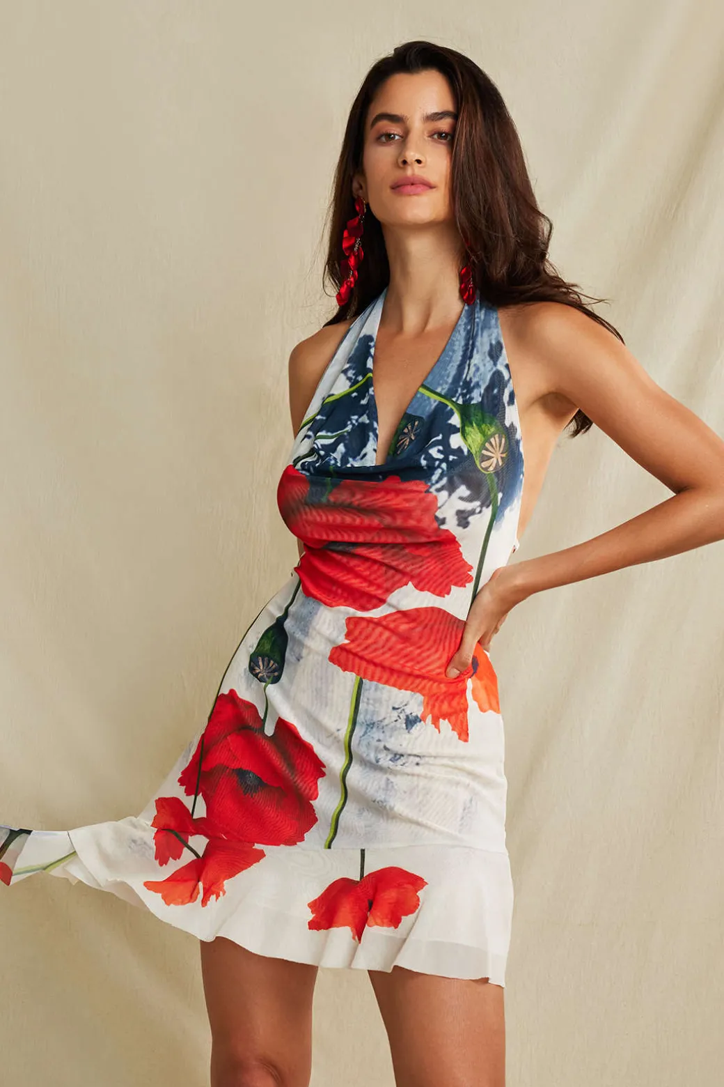 Floral Print Ruffle Backless V-neck Halter Mini Dress