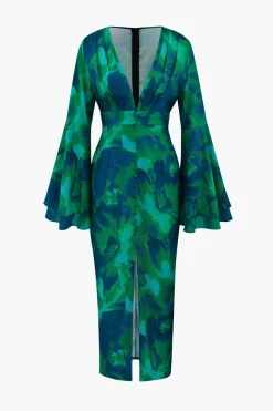 Floral Print V-neck Slit Maxi Dress