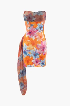 Floral Print Wrap Ruched Strapless Mini Dress