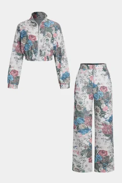 Floral Print Zipper Stand Collar Top And Trousers Set