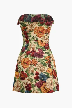 Floral Print Zipper Strapless Mini Dress