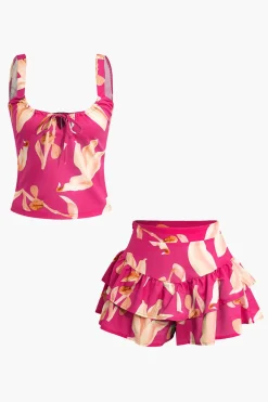 Floral Print Zip-Up Top And Ruffle Skirt Set