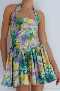 Floral Tropical Print Halter Neck Sleeveless Mini Dress