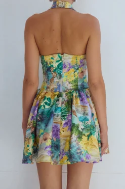 Floral Tropical Print Halter Neck Sleeveless Mini Dress