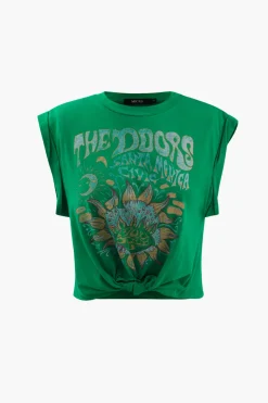 Flower Print Hem Knotted Short Sleeve T-Shirt