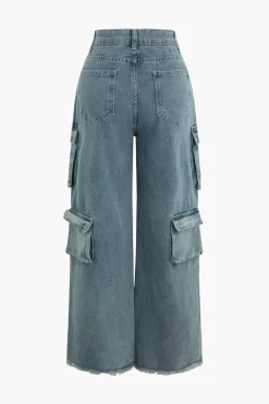 Frayed Pocket Cargo Wide Leg Jeans