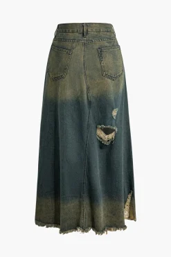 Frayed Cut Out Button Washed Denim Skirt