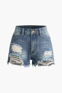 Frayed Destroyed Denim Shorts