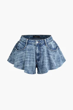 Frayed Hem Wide Leg Denim Shorts