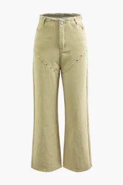 Frayed Waist Rivet Decor Straight Leg Pants