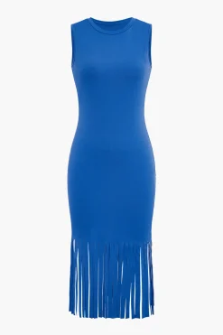 Fringe Hem Sleeveless Midi Dress