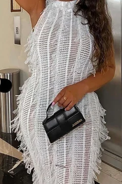Fringe Mesh Mock Neck Midi Dress
