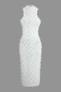 Fringe Mesh Mock Neck Midi Dress