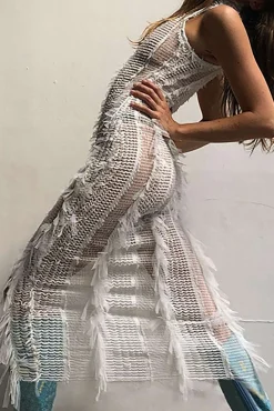 Fringe Mesh Mock Neck Midi Dress