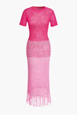 Fringed Hem Crochet Hollow Out Cover Up Knit Dress